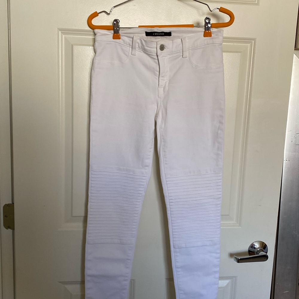 J brand jeans, white size 27 with knee stitch patch shred hem